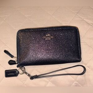 COACH Double Zip Wallet Wristlet in Black Glitter Resined Canvas - LIKE NEW